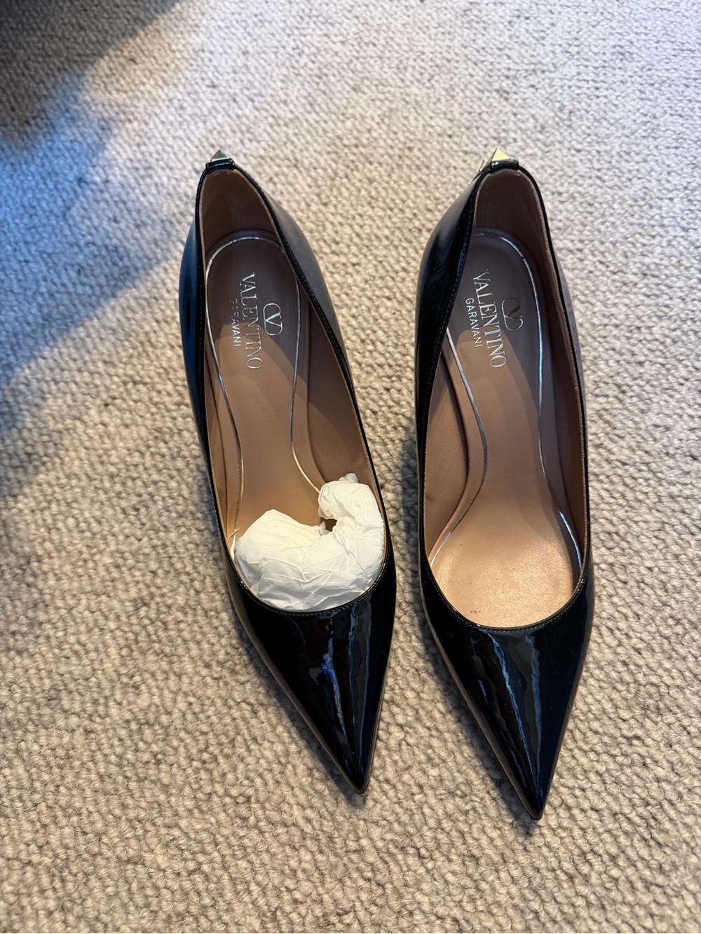 Valentino Garavani Black Patent Leather Pointed Pumps with Gold Heel Tip
